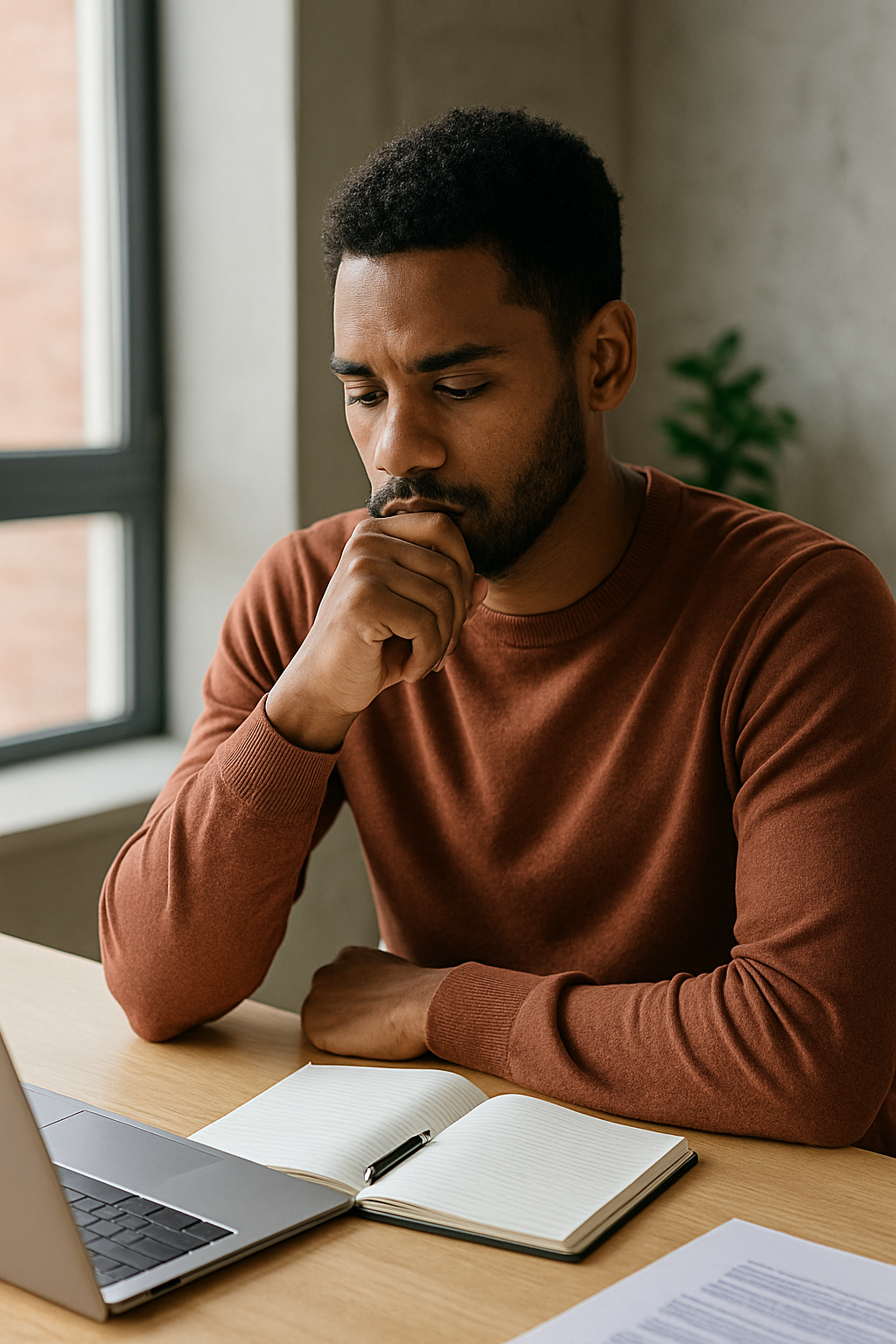 Jeune entrepreneur en réflexion, travaillant sur son développement personnel avant de lancer son entreprise