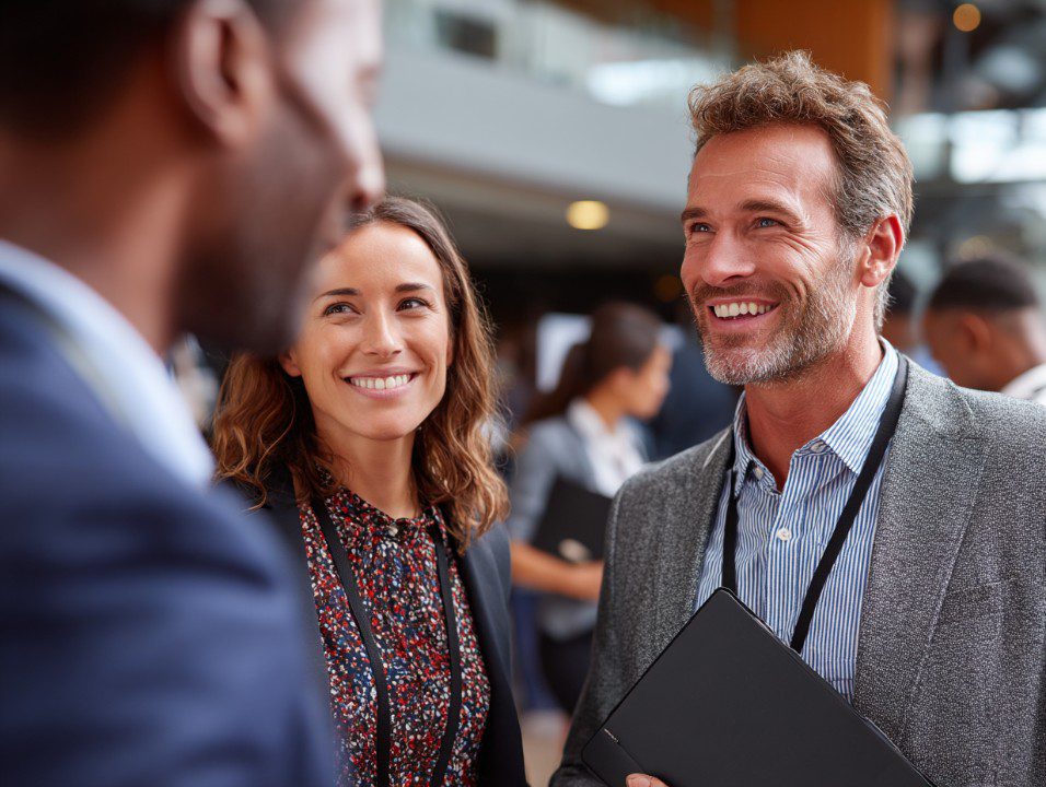 Entrepreneurs réseautant lors d’un événement professionnel en présentiel – networking, confiance et croissance business